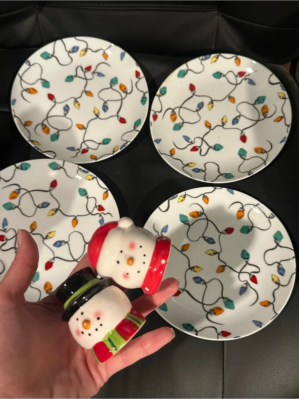 Vintage Pottery Barn Christmas plates and Snowman Salt and Pepper Shaker